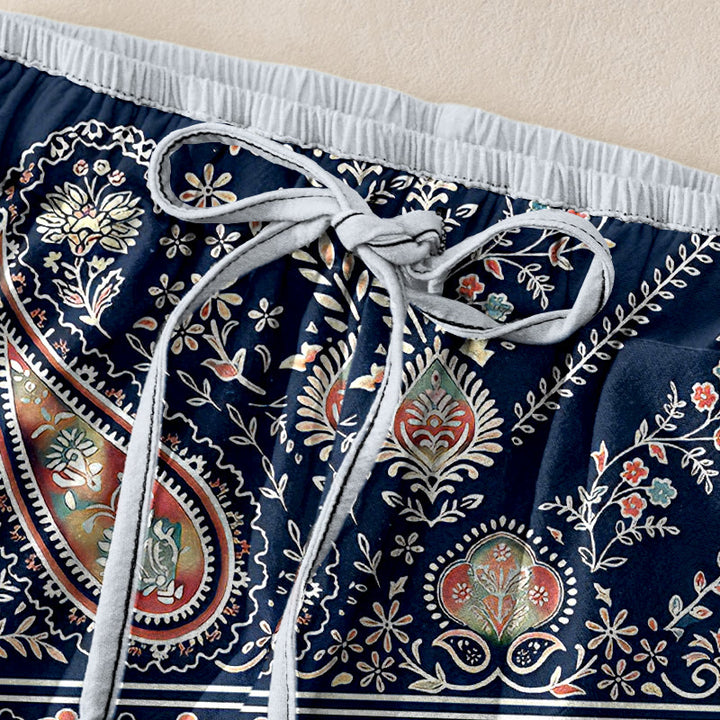 Buddha Stones Pantalon pour femme en pur coton à motif cachemire et lotus, taille élastique et poches - image 1