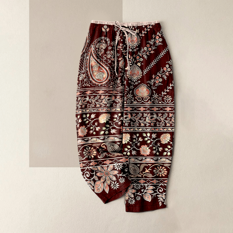 Buddha Stones Pantalon pour femme en pur coton à motif cachemire et lotus, taille élastique et poches - Rouge foncé - US16，UK/AU20，EU48 (3XL) - image 4