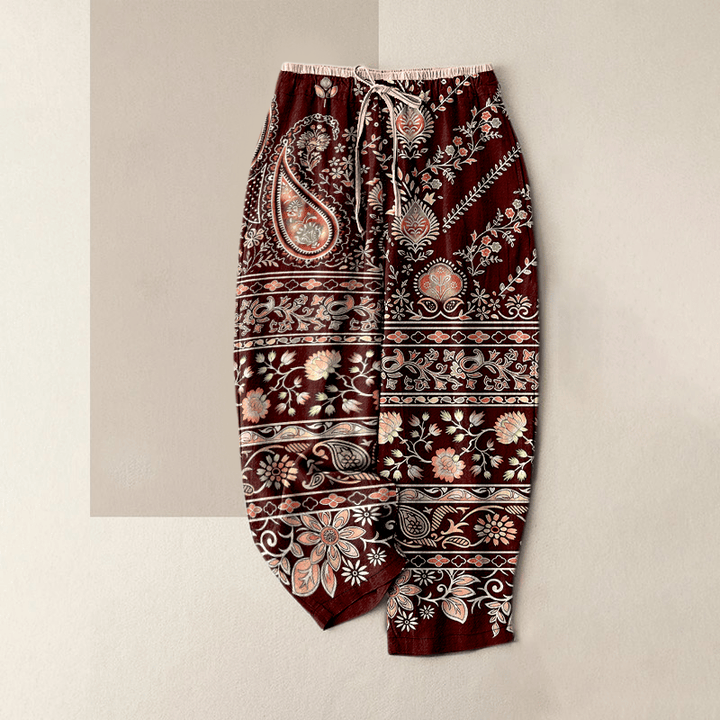 Buddha Stones Pantalon pour femme en pur coton à motif cachemire et lotus, taille élastique et poches - Rouge foncé - US16，UK/AU20，EU48 (3XL) - image 4