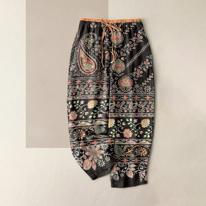 Buddha Stones Pantalon pour femme en pur coton à motif cachemire et lotus, taille élastique et poches - SaddleBrown - US16，UK/AU20，EU48 (3XL) - image 8