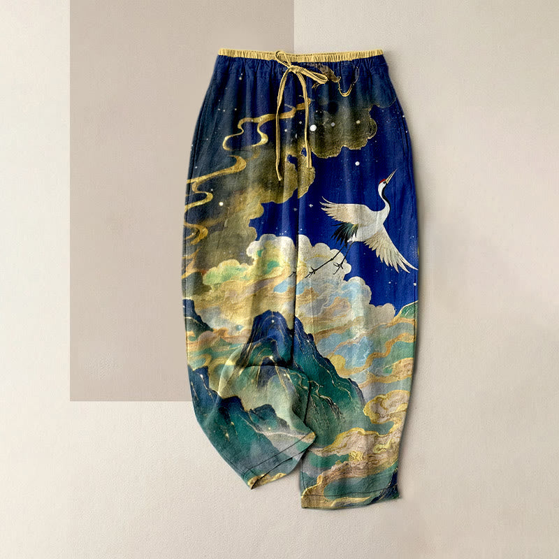 Buddha Stones Pantalon pour femme en pur coton, motif grues, nuages ​​et montagnes, taille élastique et poches - Bleu foncé - US16，UK/AU20，EU48 (3XL) - image 0
