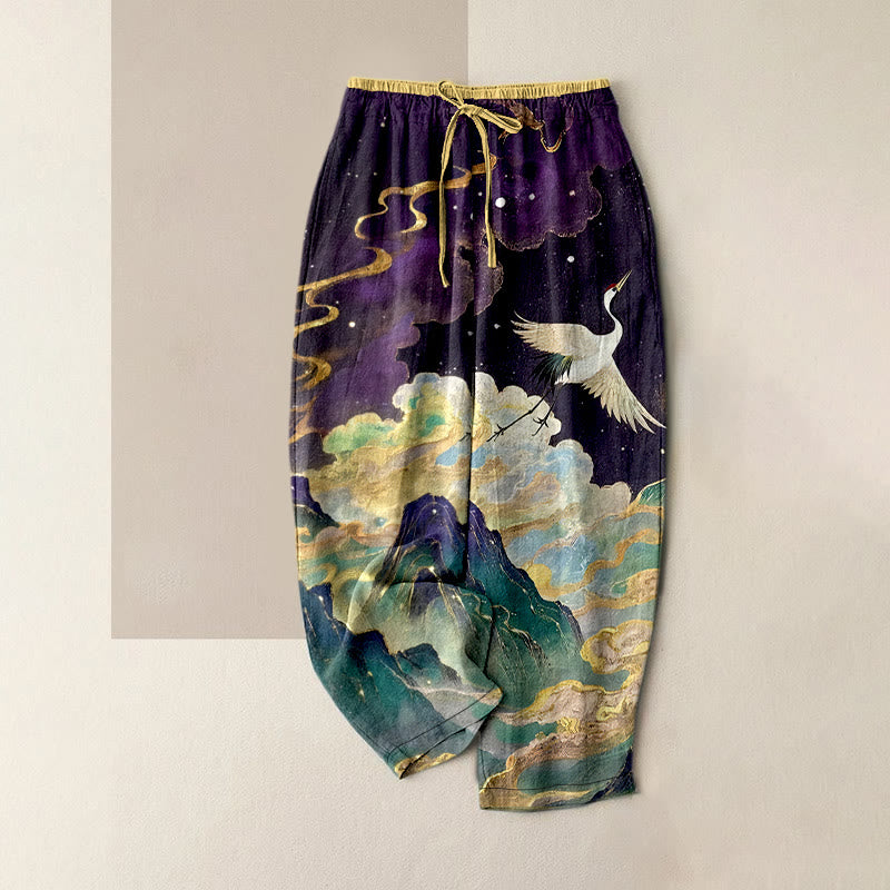 Buddha Stones Pantalon pour femme en pur coton, motif grues, nuages ​​et montagnes, taille élastique et poches - Indigo - US16，UK/AU20，EU48 (3XL) - image 4