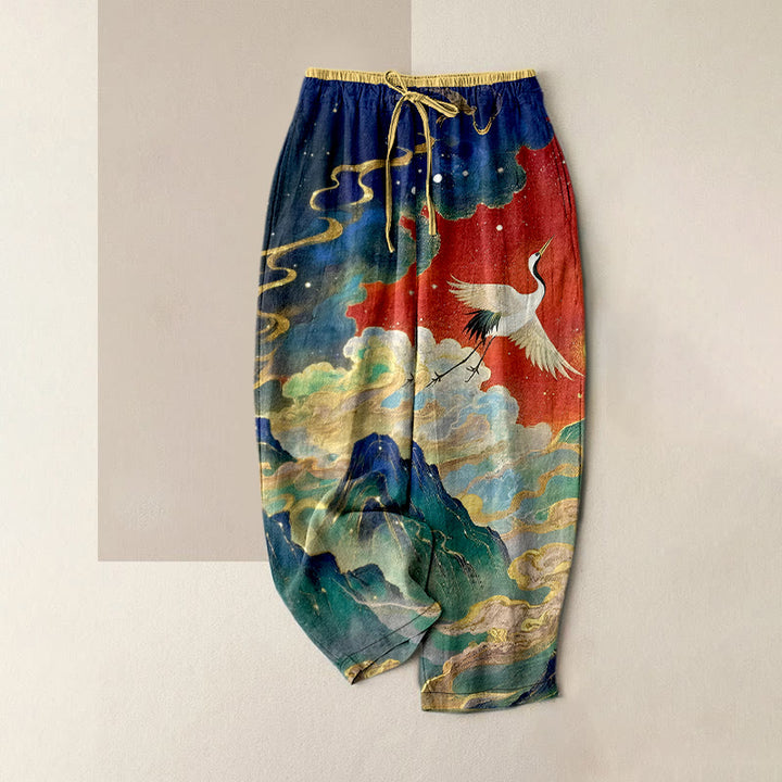 Buddha Stones Pantalon pour femme en pur coton, motif grues, nuages ​​et montagnes, taille élastique et poches - OrangeRouge - US16，UK/AU20，EU48 (3XL) - image 8