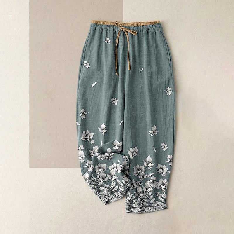 Buddha Stones Pantalon pour femme en pur coton à motif de pétales de fleurs, taille élastique et poches - Vert clair - US16，UK/AU20，EU48 (3XL) - image 0