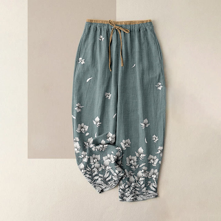 Buddha Stones Pantalon pour femme en pur coton à motif de pétales de fleurs, taille élastique et poches - Vert clair - US16，UK/AU20，EU48 (3XL) - image 0