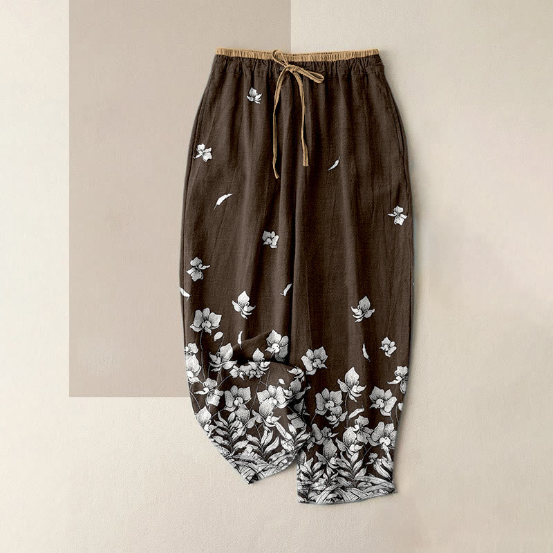 Buddha Stones Pantalon pour femme en pur coton à motif de pétales de fleurs, taille élastique et poches - SaddleBrown - US16，UK/AU20，EU48 (3XL) - image 4