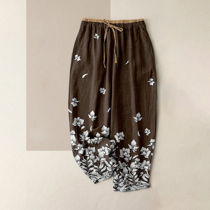 Buddha Stones Pantalon pour femme en pur coton à motif de pétales de fleurs, taille élastique et poches - SaddleBrown - US16，UK/AU20，EU48 (3XL) - image 4