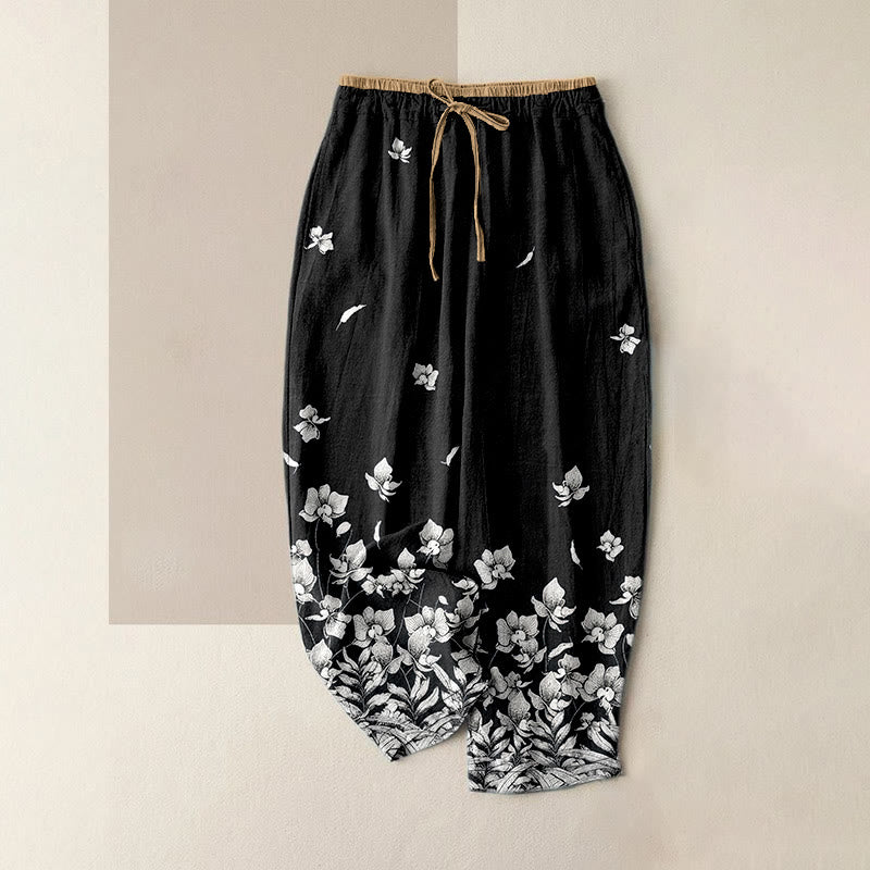 Buddha Stones Pantalon pour femme en pur coton à motif de pétales de fleurs, taille élastique et poches - Noir - US16，UK/AU20，EU48 (3XL) - image 8