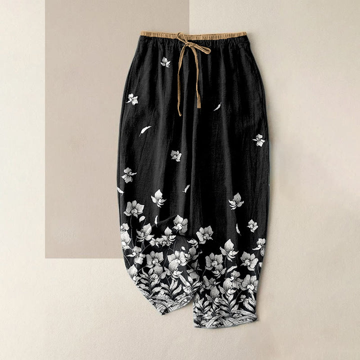 Buddha Stones Pantalon pour femme en pur coton à motif de pétales de fleurs, taille élastique et poches - Noir - US16，UK/AU20，EU48 (3XL) - image 8