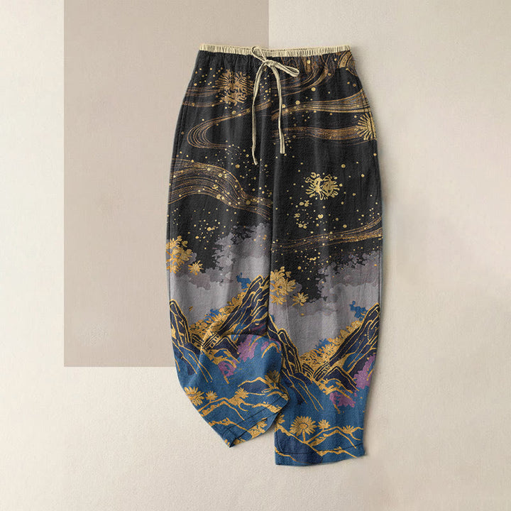 Buddha Stones Pantalon pour femme en pur coton à motif de pétales de fleurs, taille élastique et poches - Noir - US16，UK/AU20，EU48 (3XL) - image 0