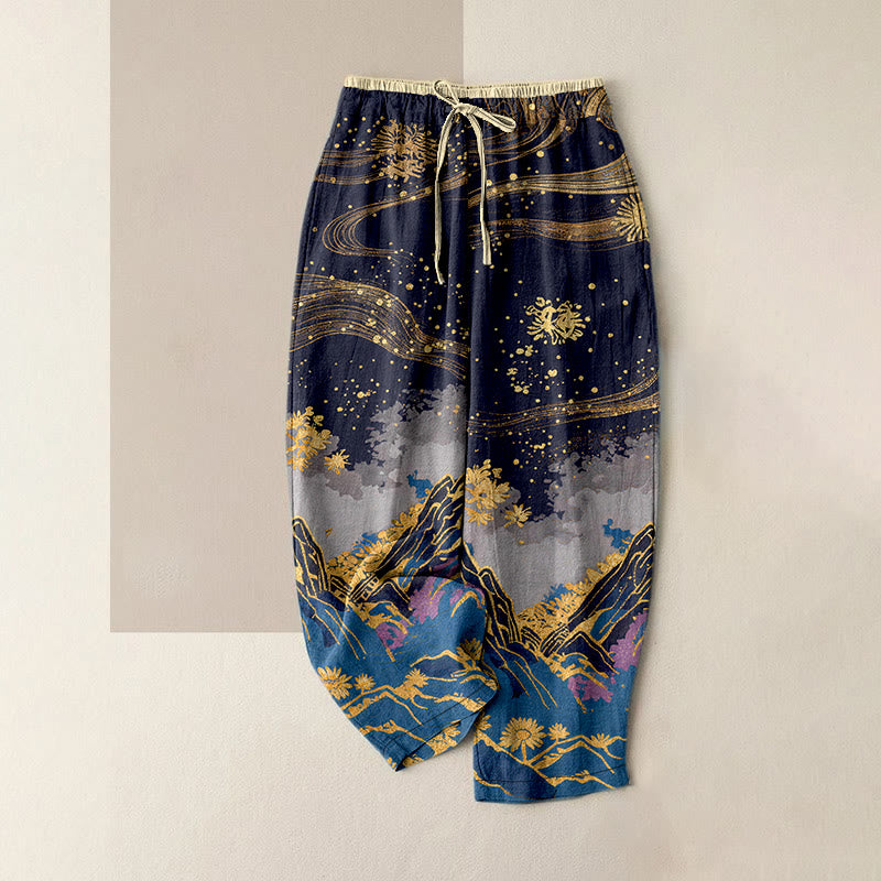 Buddha Stones Pantalon pour femme en pur coton à motif de pétales de fleurs, taille élastique et poches - Bleu nuit - US16，UK/AU20，EU48 (3XL) - image 4