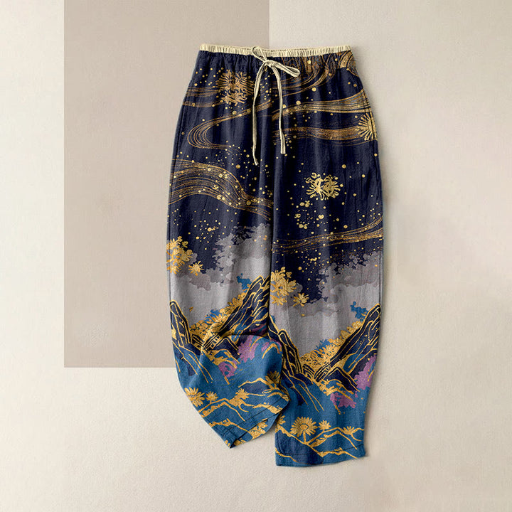 Buddha Stones Pantalon pour femme en pur coton à motif de pétales de fleurs, taille élastique et poches - Bleu nuit - US16，UK/AU20，EU48 (3XL) - image 4