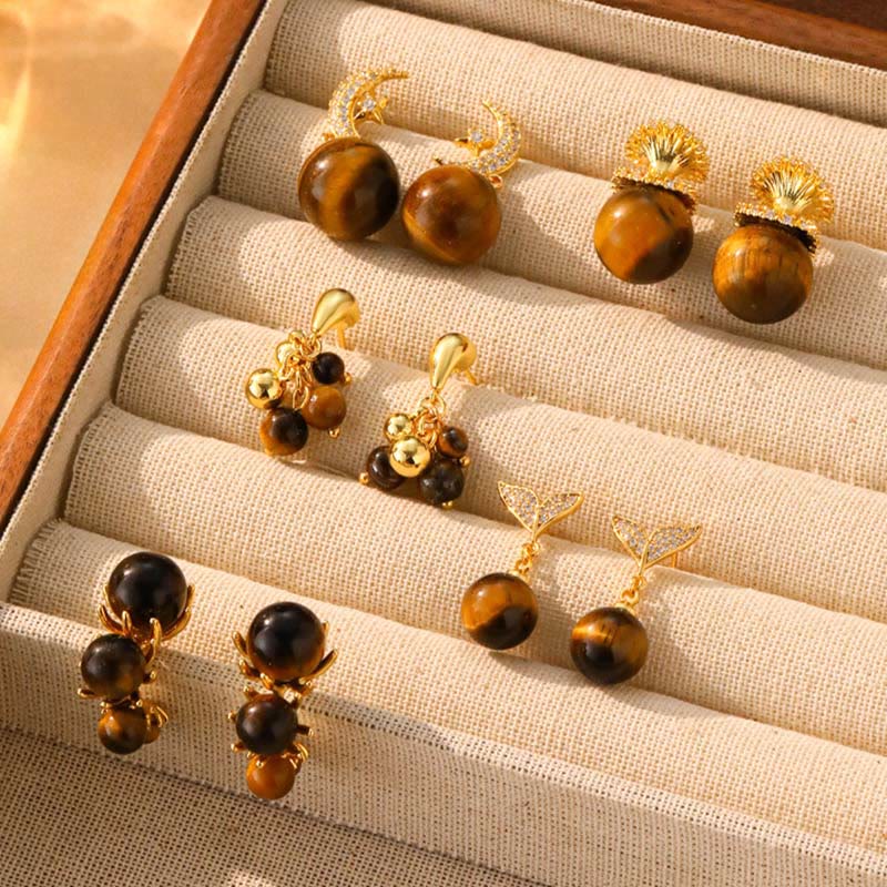 Buddha Stones Boucles d'oreilles de protection à perles rondes œil de tigre et motif queue de poisson irrégulier - image 8