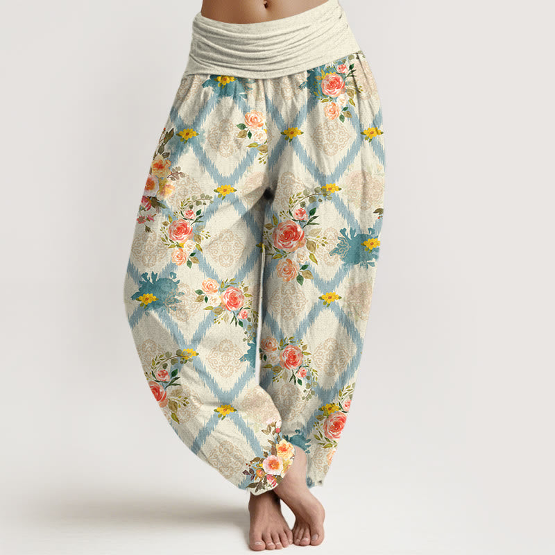 Buddha Stones Pantalon harem à taille élastique pour femme, motif géométrique floral coloré Cotton Rose - Coquillage - US16，UK/AU20，EU48 (3XL) - image 0