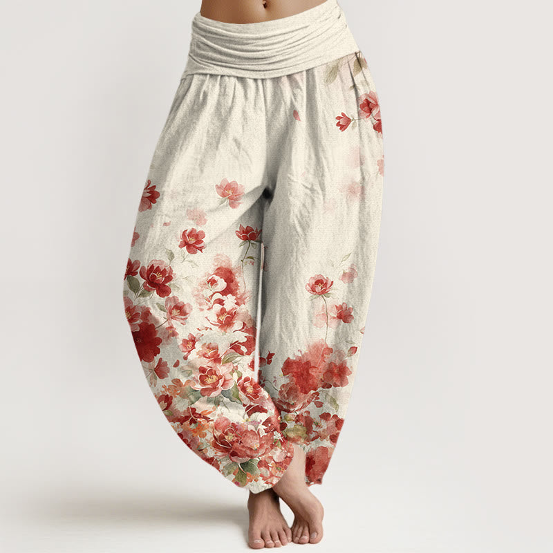 Buddha Stones Pantalon harem à taille élastique pour femme, en coton, motif camélia et pivoine - FloralWhite - US16，UK/AU20，EU48 (3XL) - image 0