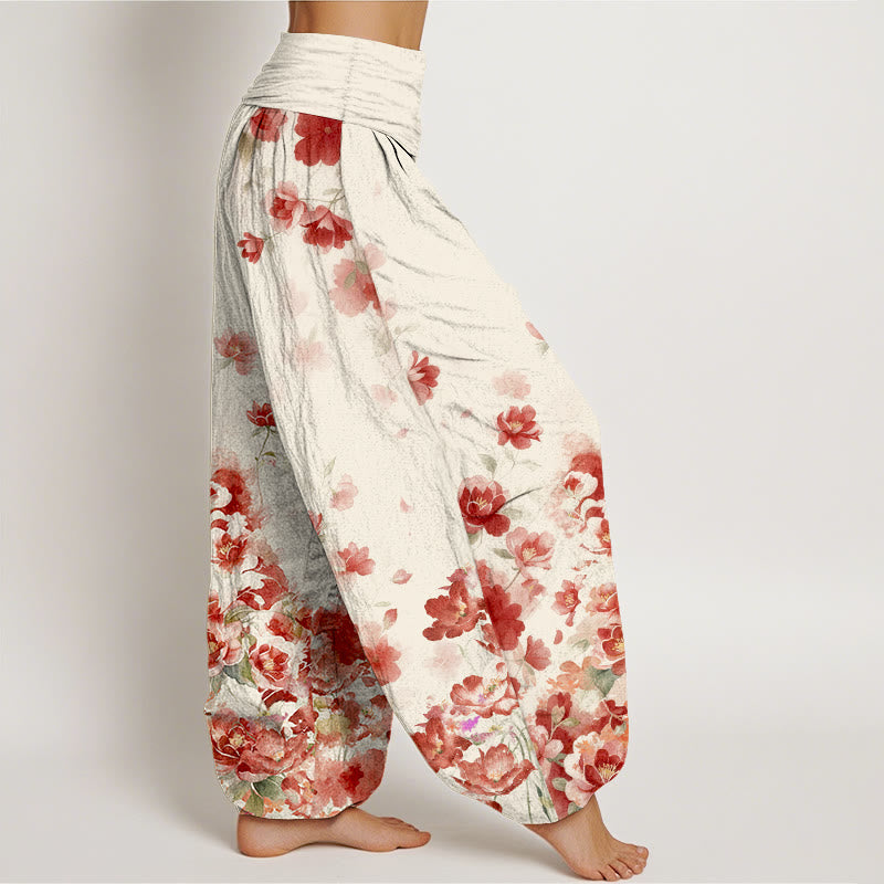Buddha Stones Pantalon harem à taille élastique pour femme, en coton, motif camélia et pivoine - image 2