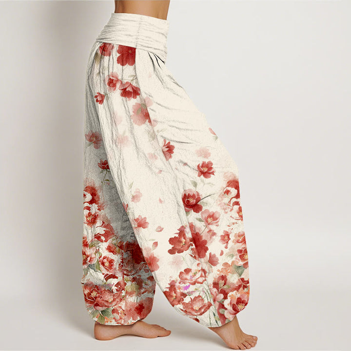 Buddha Stones Pantalon harem à taille élastique pour femme, en coton, motif camélia et pivoine - image 2