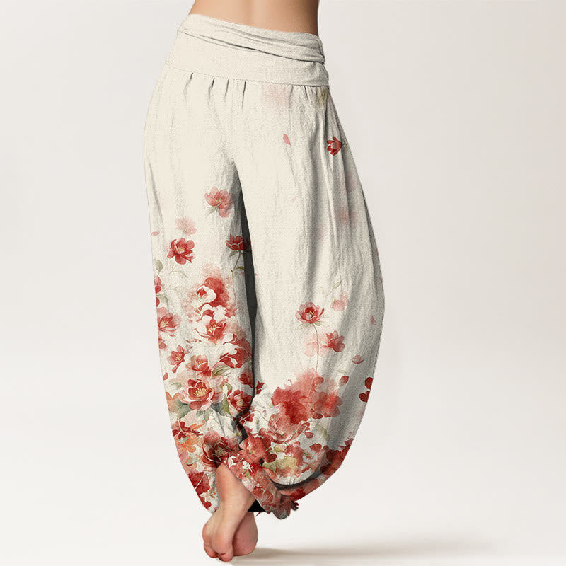 Buddha Stones Pantalon harem à taille élastique pour femme, en coton, motif camélia et pivoine - image 1