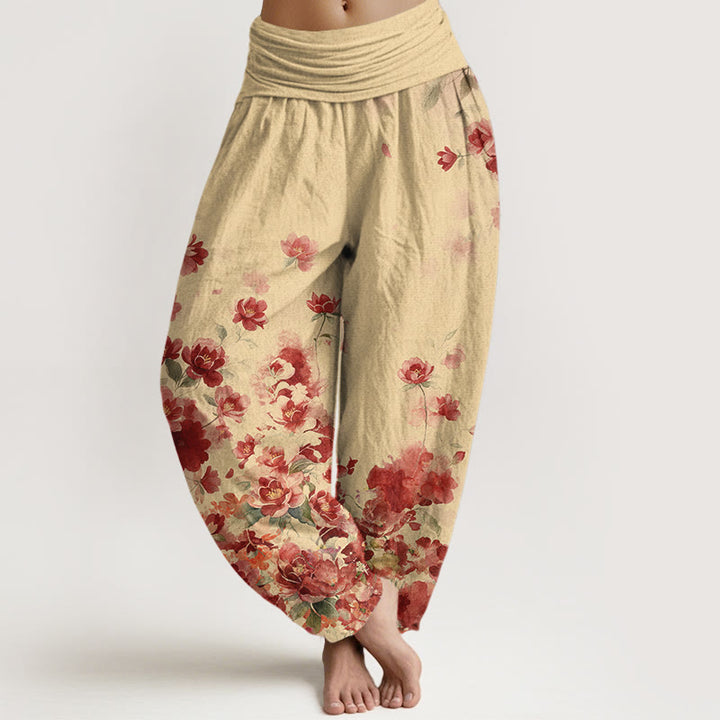 Buddha Stones Pantalon harem à taille élastique pour femme, en coton, motif camélia et pivoine - LemonChiffon - US16，UK/AU20，EU48 (3XL) - image 5