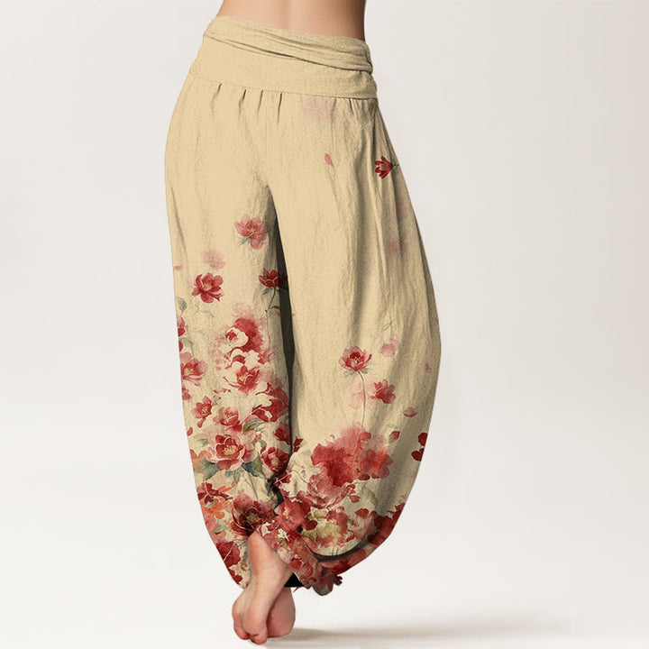 Buddha Stones Pantalon harem à taille élastique pour femme, en coton, motif camélia et pivoine - image 6