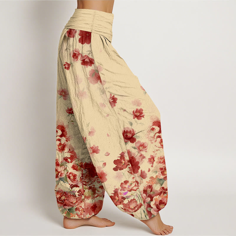 Buddha Stones Pantalon harem à taille élastique pour femme, en coton, motif camélia et pivoine - image 7