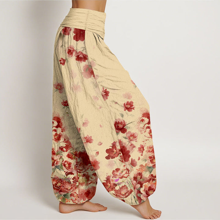 Buddha Stones Pantalon harem à taille élastique pour femme, en coton, motif camélia et pivoine - image 7