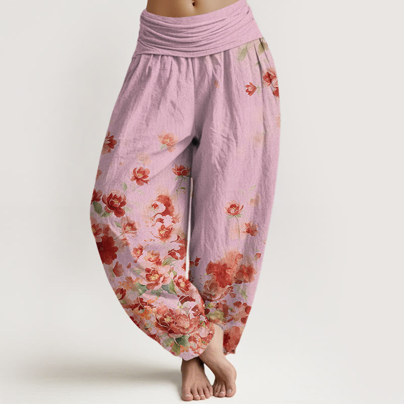 Buddha Stones Pantalon harem à taille élastique pour femme, en coton, motif camélia et pivoine - Rose clair - US16，UK/AU20，EU48 (3XL) - image 8