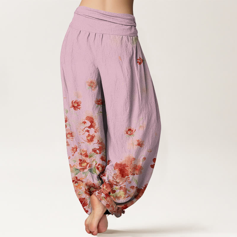 Buddha Stones Pantalon harem à taille élastique pour femme, en coton, motif camélia et pivoine - image 9