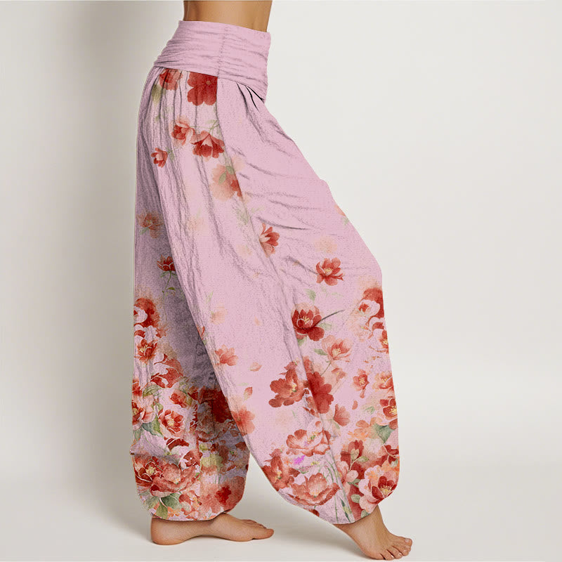 Buddha Stones Pantalon harem à taille élastique pour femme, en coton, motif camélia et pivoine - image 10