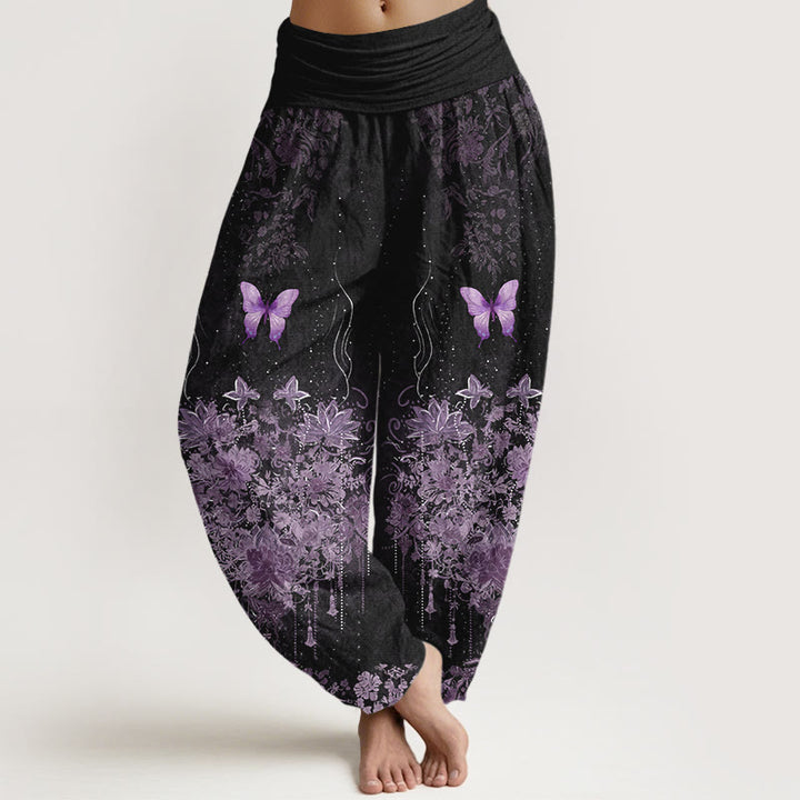 Buddha Stones Pantalon harem à taille élastique pour femme, en coton, à motif floral papillon - Noir - US16，UK/AU20，EU48 (3XL) - image 0
