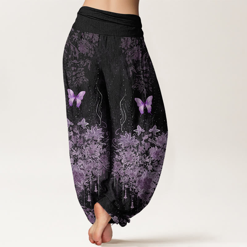 Buddha Stones Pantalon harem à taille élastique pour femme, en coton, à motif floral papillon - image 1