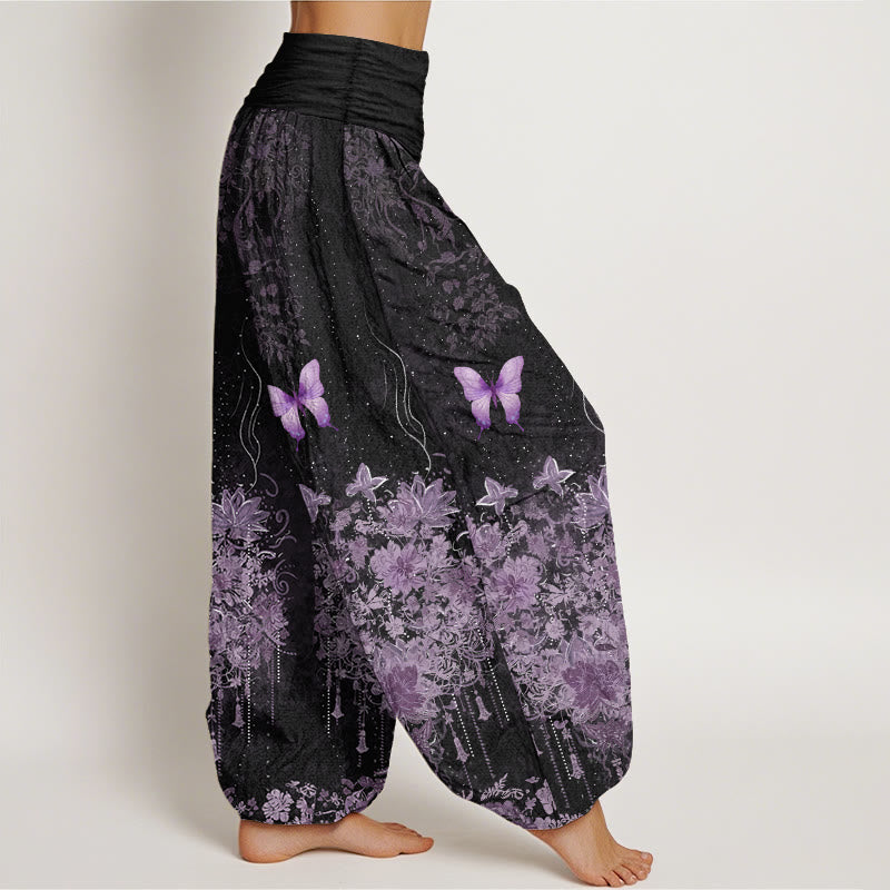 Buddha Stones Pantalon harem à taille élastique pour femme, en coton, à motif floral papillon - image 2