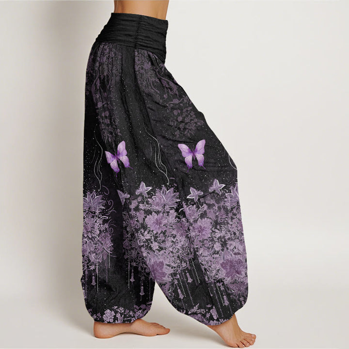 Buddha Stones Pantalon harem à taille élastique pour femme, en coton, à motif floral papillon - image 2