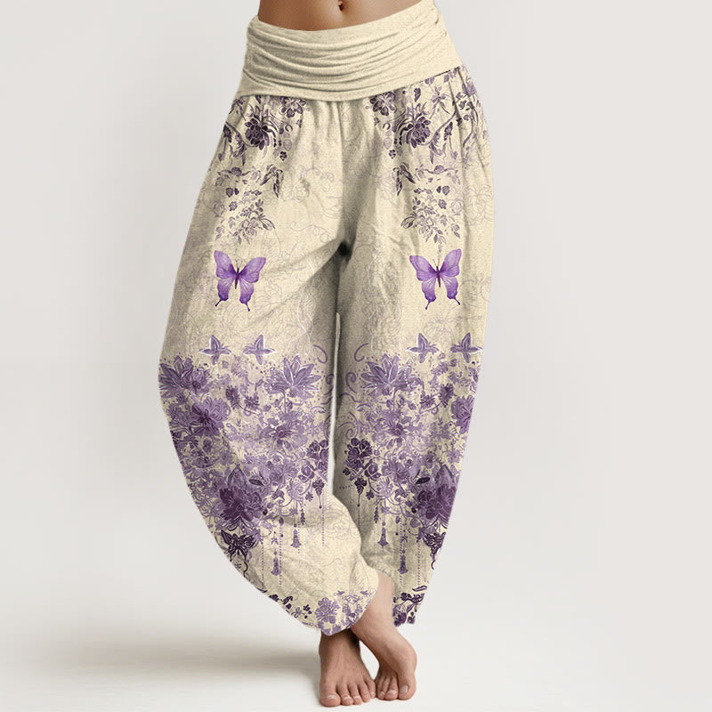 Buddha Stones Pantalon harem à taille élastique pour femme, en coton, à motif floral papillon - Beige - US16，UK/AU20，EU48 (3XL) - image 5
