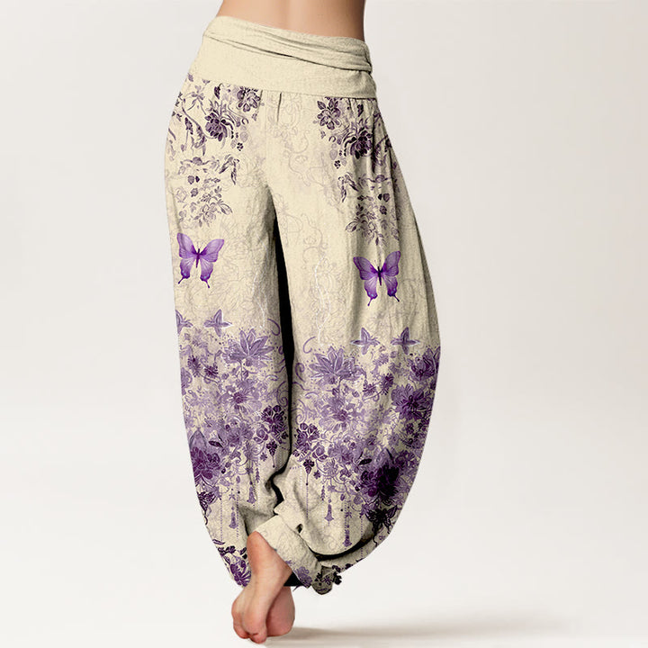 Buddha Stones Pantalon harem à taille élastique pour femme, en coton, à motif floral papillon - image 6