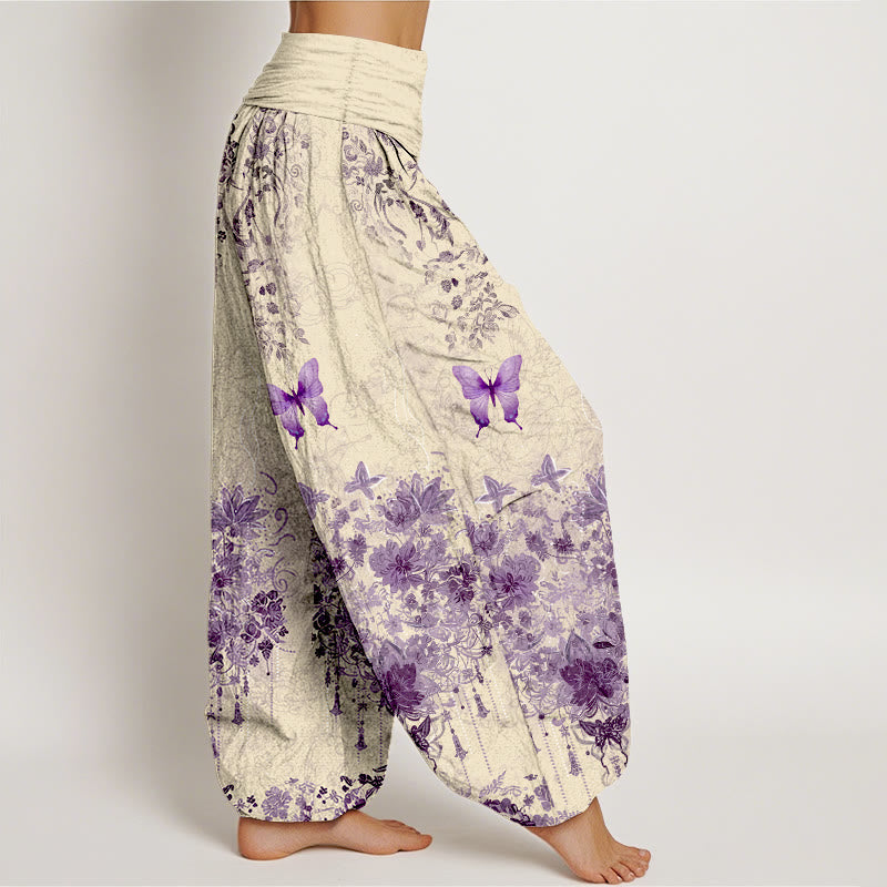 Buddha Stones Pantalon harem à taille élastique pour femme, en coton, à motif floral papillon - image 7