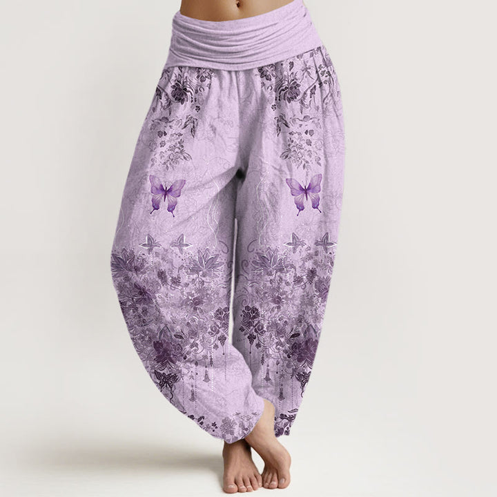 Buddha Stones Pantalon harem à taille élastique pour femme, en coton, à motif floral papillon - Chardon - US16，UK/AU20，EU48 (3XL) - image 8
