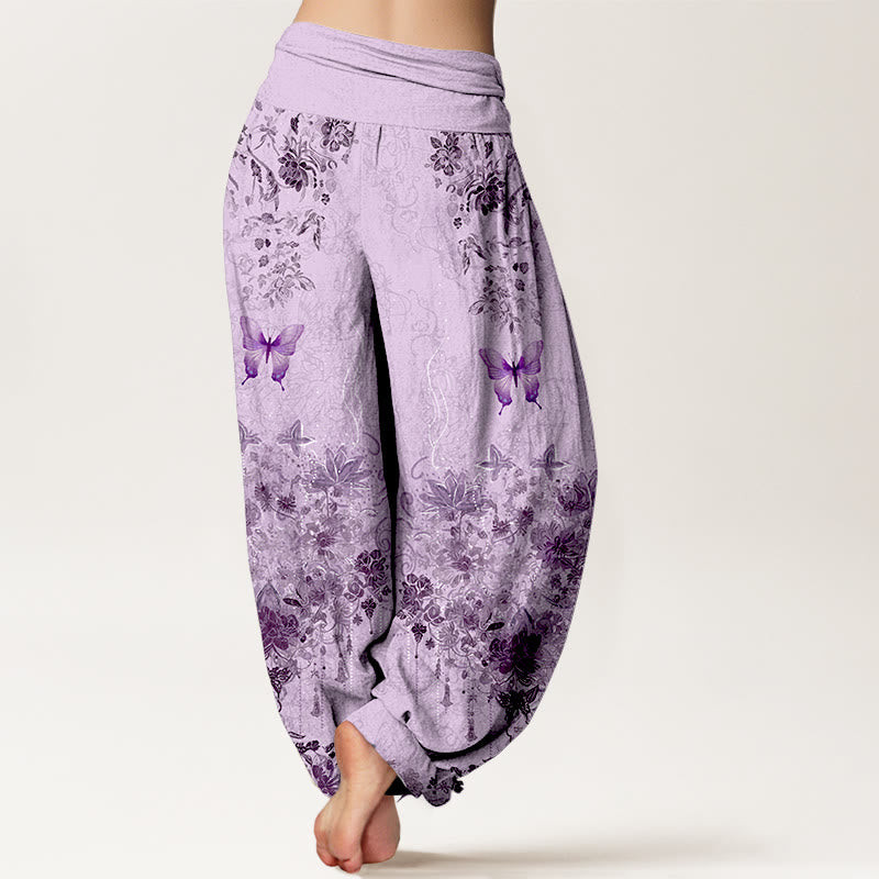 Buddha Stones Pantalon harem à taille élastique pour femme, en coton, à motif floral papillon - image 9