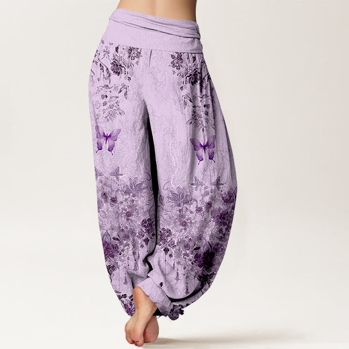 Buddha Stones Pantalon harem à taille élastique pour femme, en coton, à motif floral papillon - image 9