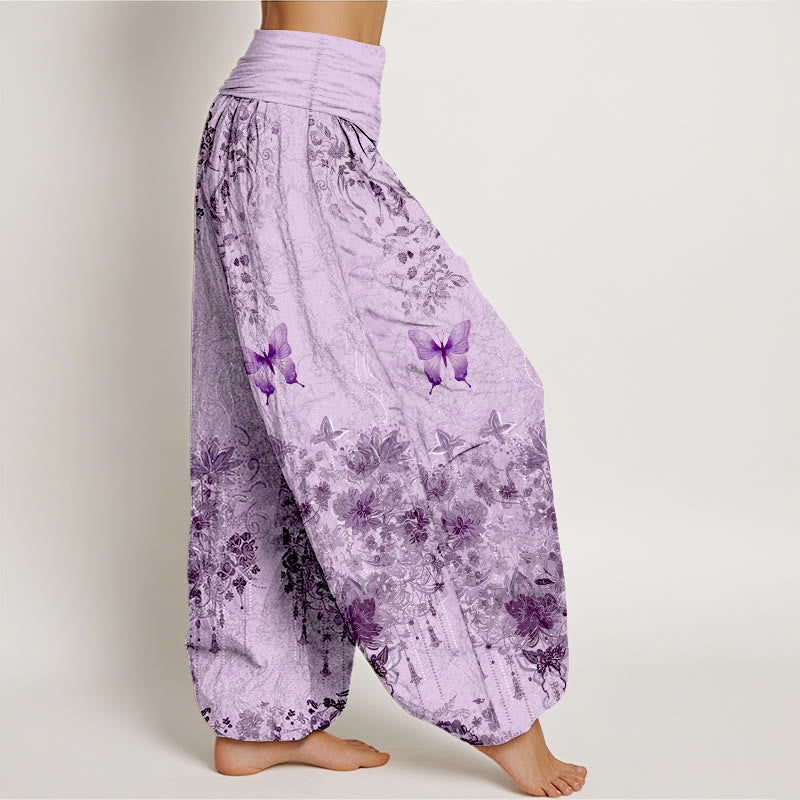 Buddha Stones Pantalon harem à taille élastique pour femme, en coton, à motif floral papillon - image 10