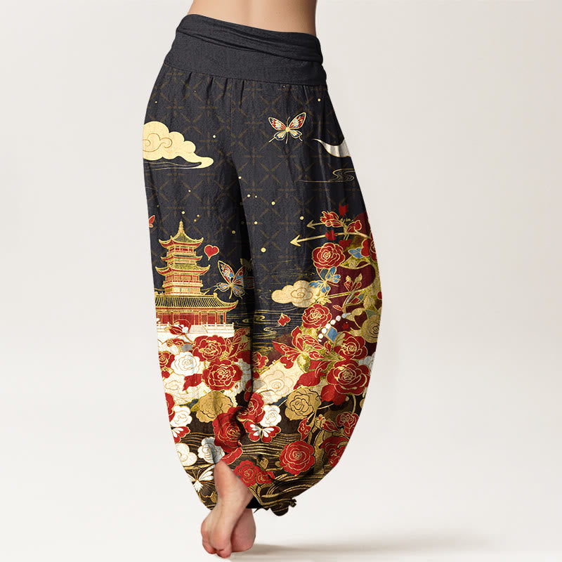 Buddha Stones Pantalon harem pour femme en coton à motif papillon, rose, pagode et cœur, taille élastique - image 1