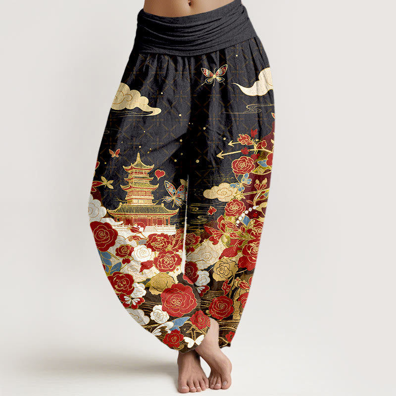 Buddha Stones Pantalon harem pour femme en coton à motif papillon, rose, pagode et cœur, taille élastique - Noir - US16，UK/AU20，EU48 (3XL) - image 0