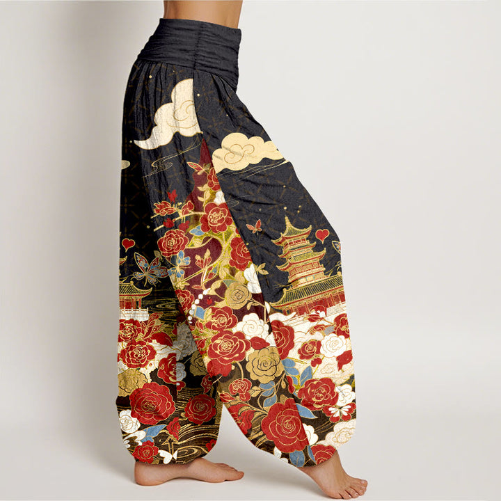 Buddha Stones Pantalon harem pour femme en coton à motif papillon, rose, pagode et cœur, taille élastique - image 2