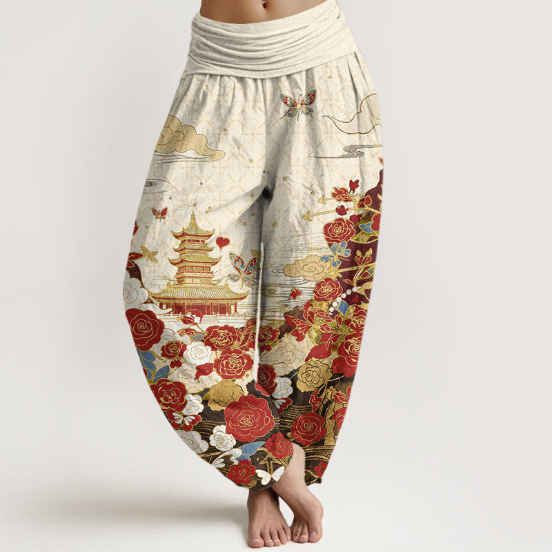 Buddha Stones Pantalon harem pour femme en coton à motif papillon, rose, pagode et cœur, taille élastique - Beige - US16，UK/AU20，EU48 (3XL) - image 5