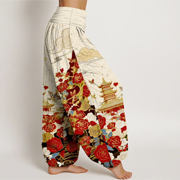 Buddha Stones Pantalon harem pour femme en coton à motif papillon, rose, pagode et cœur, taille élastique - image 7
