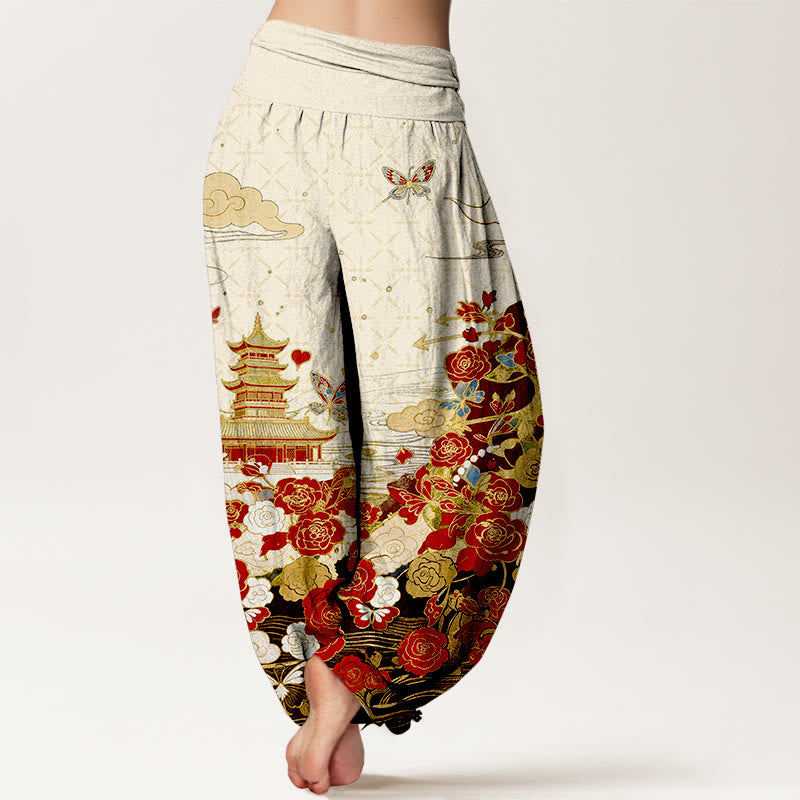 Buddha Stones Pantalon harem pour femme en coton à motif papillon, rose, pagode et cœur, taille élastique - image 6