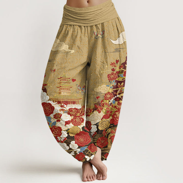 Buddha Stones Pantalon harem pour femme en coton à motif papillon, rose, pagode et cœur, taille élastique - Kaki foncé - US16，UK/AU20，EU48 (3XL) - image 8
