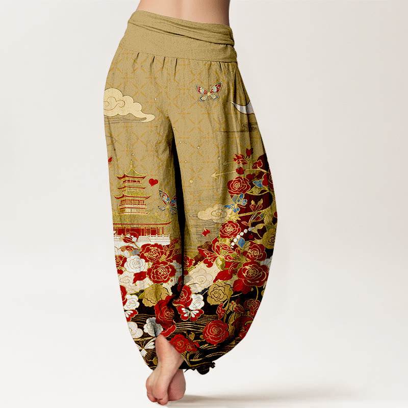 Buddha Stones Pantalon harem pour femme en coton à motif papillon, rose, pagode et cœur, taille élastique - image 9