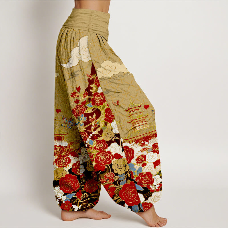 Buddha Stones Pantalon harem pour femme en coton à motif papillon, rose, pagode et cœur, taille élastique - image 10