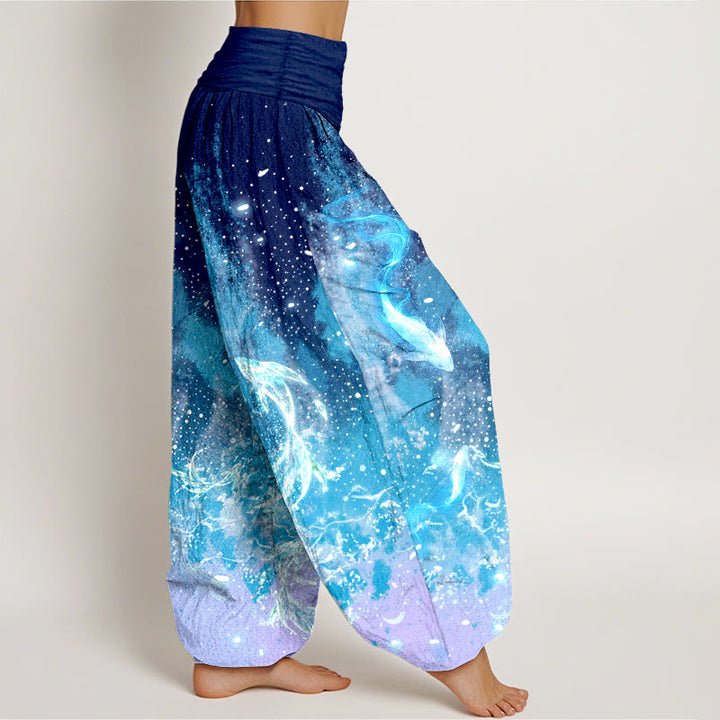 Buddha Stones Pantalon harem à taille élastique pour femme, motif aquatique de carpes koï en coton - image 2